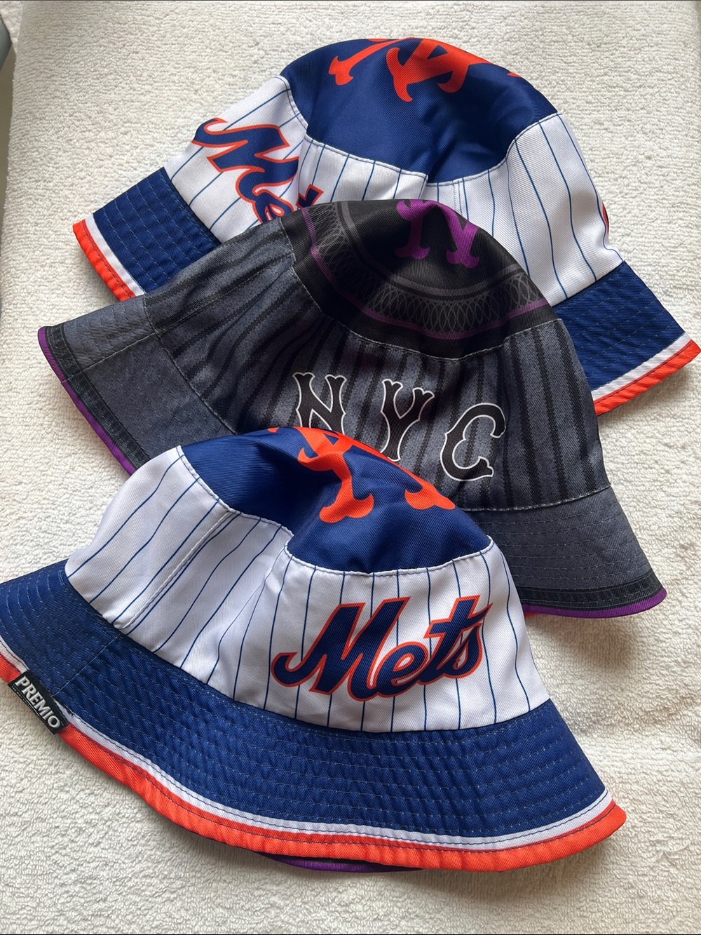 Set of 3 reversible Ny Mets Pinstripe Bucket Hats- Blue & Orange/grey,blk